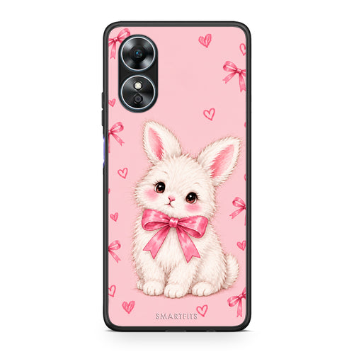 Θήκη Oppo A17 White Bunny and Pink Bows από τη Smartfits με σχέδιο στο πίσω μέρος και μαύρο περίβλημα | Oppo A17 White Bunny and Pink Bows case with colorful back and black bezels