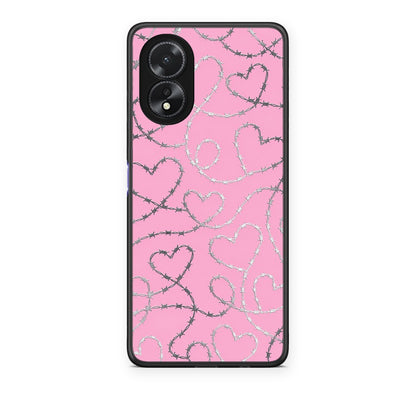 Θήκη Oppo A38 Barbed Wire Hearts on Pink από τη Smartfits με σχέδιο στο πίσω μέρος και μαύρο περίβλημα | Oppo A38 Barbed Wire Hearts on Pink case with colorful back and black bezels