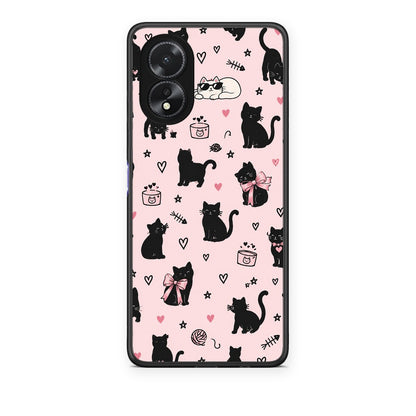 Θήκη Oppo A38 Black Cat Doodles on Pink από τη Smartfits με σχέδιο στο πίσω μέρος και μαύρο περίβλημα | Oppo A38 Black Cat Doodles on Pink case with colorful back and black bezels