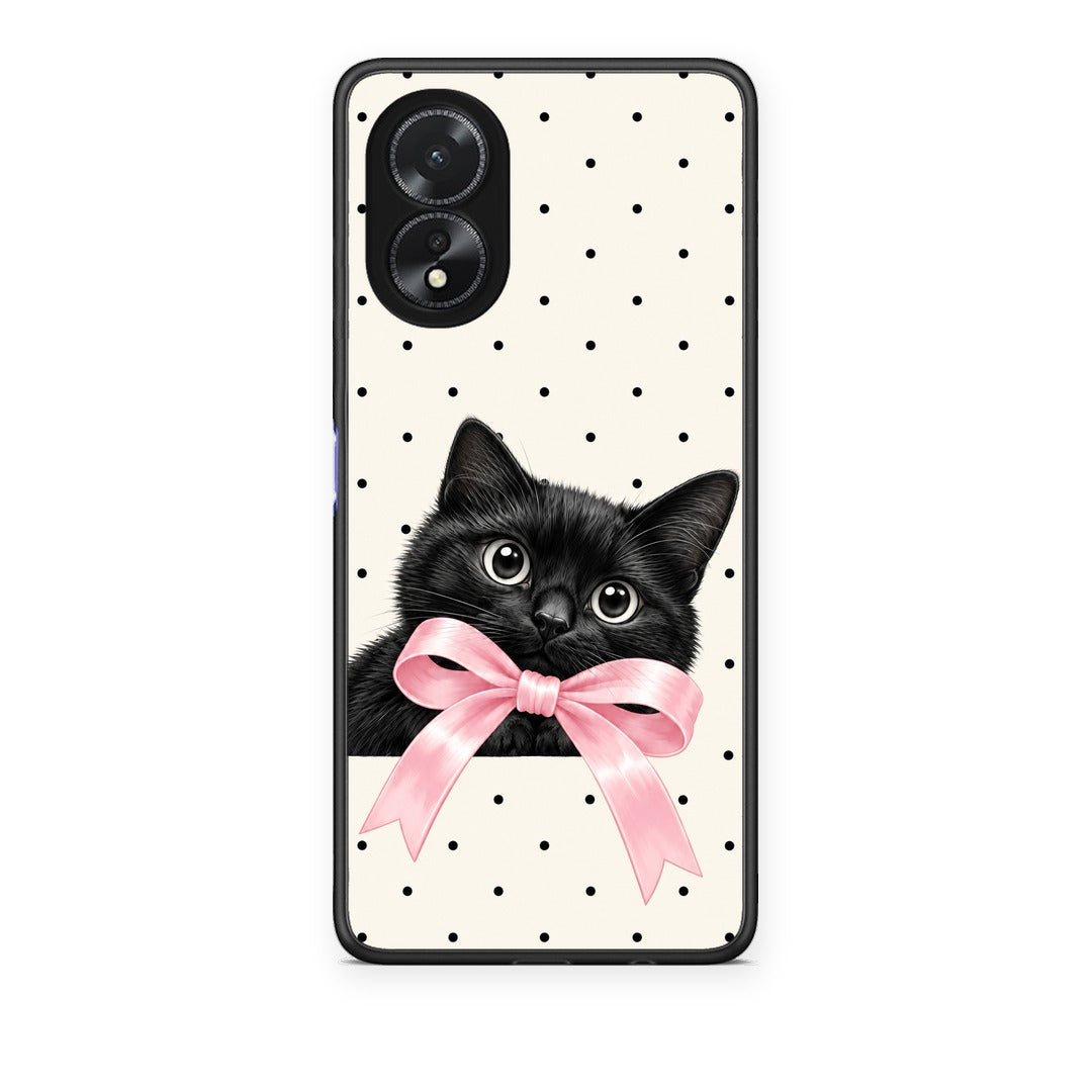 Θήκη Oppo A38 Black Kitten Pink Bow and Polka Dots από τη Smartfits με σχέδιο στο πίσω μέρος και μαύρο περίβλημα | Oppo A38 Black Kitten Pink Bow and Polka Dots case with colorful back and black bezels