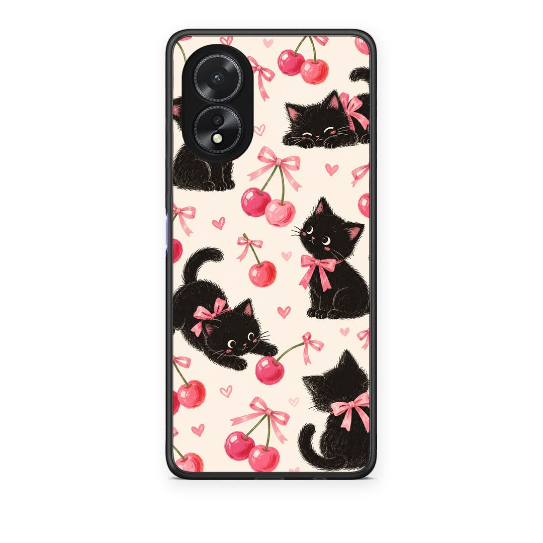 Θήκη Oppo A38 Black Kittens and Cherries on Cream από τη Smartfits με σχέδιο στο πίσω μέρος και μαύρο περίβλημα | Oppo A38 Black Kittens and Cherries on Cream case with colorful back and black bezels