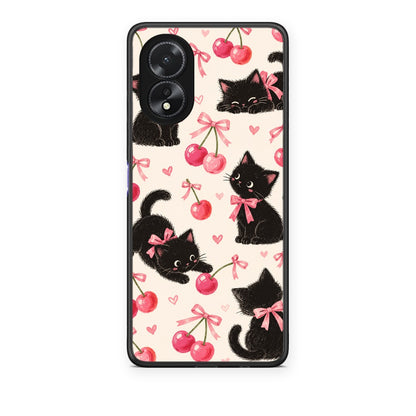 Θήκη Oppo A38 Black Kittens and Cherries on Cream από τη Smartfits με σχέδιο στο πίσω μέρος και μαύρο περίβλημα | Oppo A38 Black Kittens and Cherries on Cream case with colorful back and black bezels