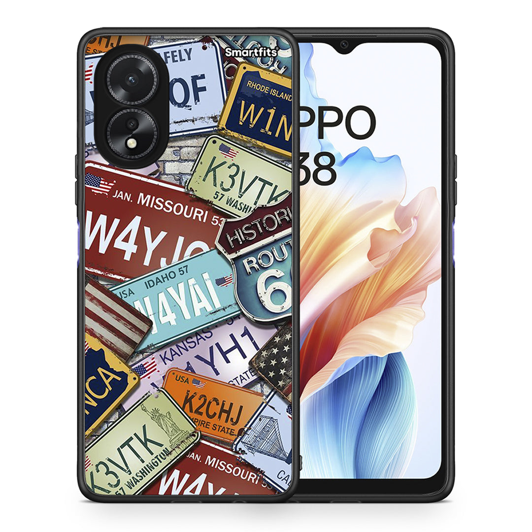 Θήκη Oppo A38 Car Plates από τη Smartfits με σχέδιο στο πίσω μέρος και μαύρο περίβλημα | Oppo A38 Car Plates case with colorful back and black bezels