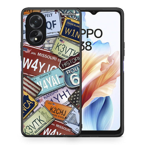 Θήκη Oppo A38 Car Plates από τη Smartfits με σχέδιο στο πίσω μέρος και μαύρο περίβλημα | Oppo A38 Car Plates case with colorful back and black bezels