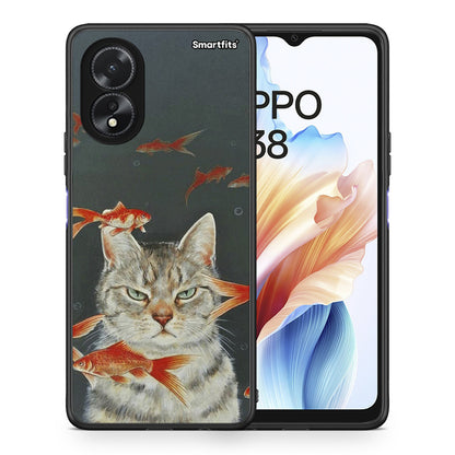Θήκη Oppo A38 Cat Goldfish από τη Smartfits με σχέδιο στο πίσω μέρος και μαύρο περίβλημα | Oppo A38 Cat Goldfish case with colorful back and black bezels