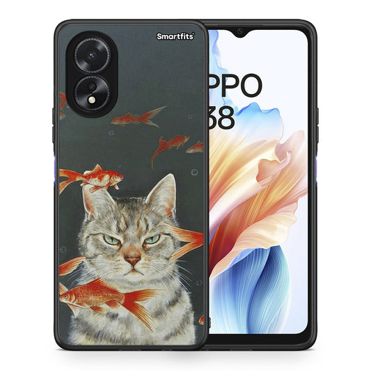 Θήκη Oppo A38 Cat Goldfish από τη Smartfits με σχέδιο στο πίσω μέρος και μαύρο περίβλημα | Oppo A38 Cat Goldfish case with colorful back and black bezels