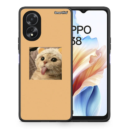Θήκη Oppo A18 Cat Tongue από τη Smartfits με σχέδιο στο πίσω μέρος και μαύρο περίβλημα | Oppo A18 Cat Tongue case with colorful back and black bezels