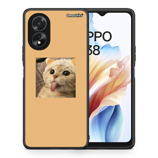 Θήκη Oppo A18 Cat Tongue από τη Smartfits με σχέδιο στο πίσω μέρος και μαύρο περίβλημα | Oppo A18 Cat Tongue case with colorful back and black bezels