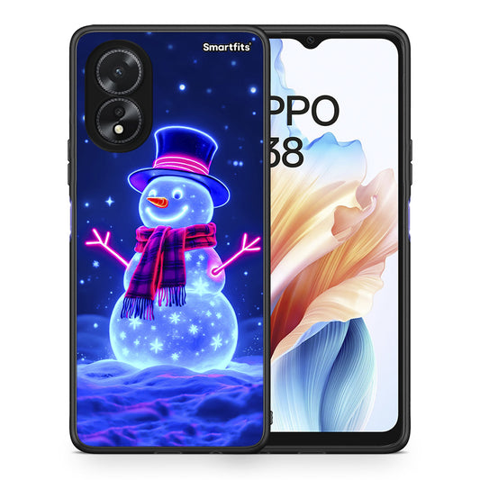 Θήκη Oppo A18 Christmas Neon Snowman από τη Smartfits με σχέδιο στο πίσω μέρος και μαύρο περίβλημα | Oppo A18 Christmas Neon Snowman case with colorful back and black bezels
