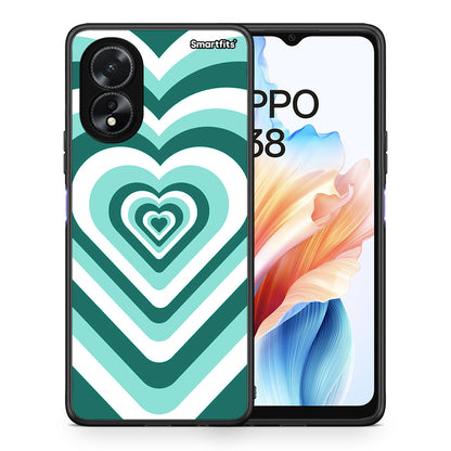 Θήκη Oppo A38 Green Hearts από τη Smartfits με σχέδιο στο πίσω μέρος και μαύρο περίβλημα | Oppo A38 Green Hearts case with colorful back and black bezels