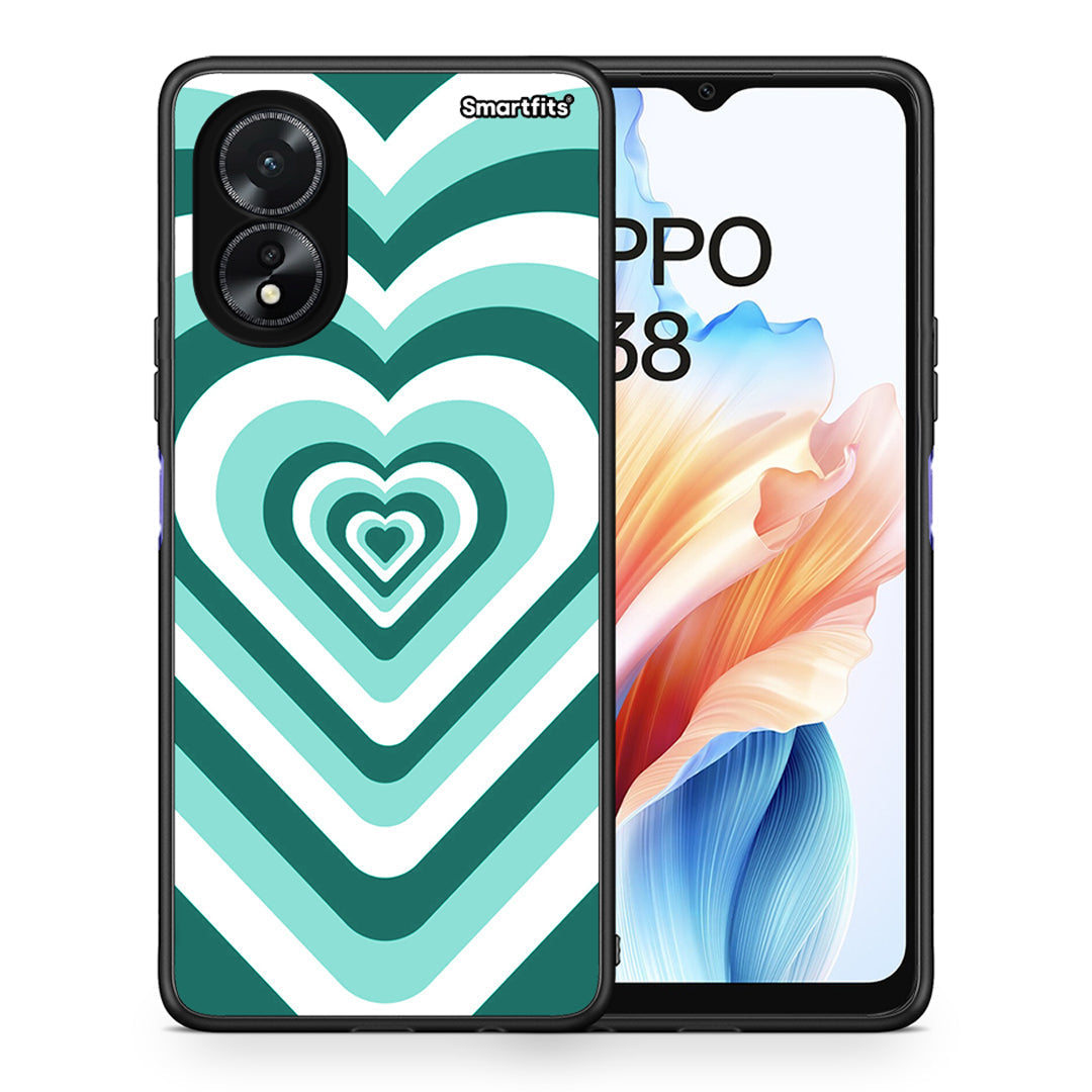 Θήκη Oppo A18 Green Hearts από τη Smartfits με σχέδιο στο πίσω μέρος και μαύρο περίβλημα | Oppo A18 Green Hearts case with colorful back and black bezels