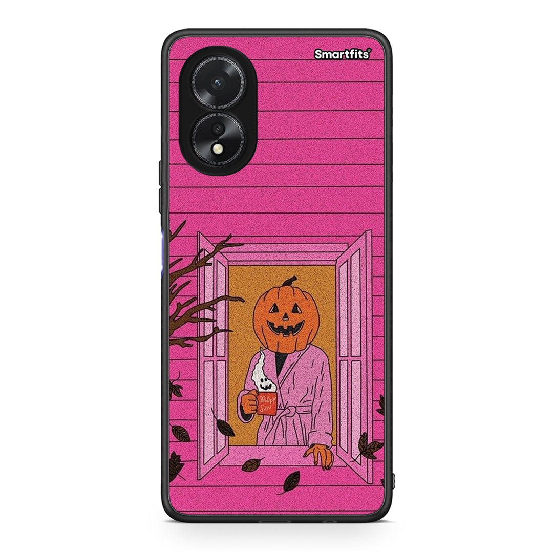 Oppo A18 Halloween Pumpkin Lady Θήκη από τη Smartfits με σχέδιο στο πίσω μέρος και μαύρο περίβλημα | Smartphone case with colorful back and black bezels by Smartfits