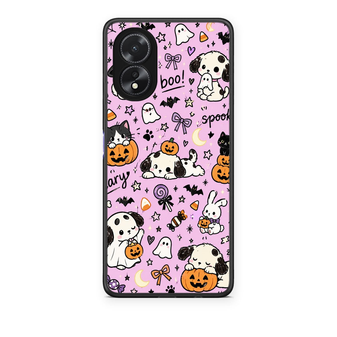 Θήκη Oppo A38 Halloween Puppies and Friends on Lilac από τη Smartfits με σχέδιο στο πίσω μέρος και μαύρο περίβλημα | Oppo A38 Halloween Puppies and Friends on Lilac case with colorful back and black bezels