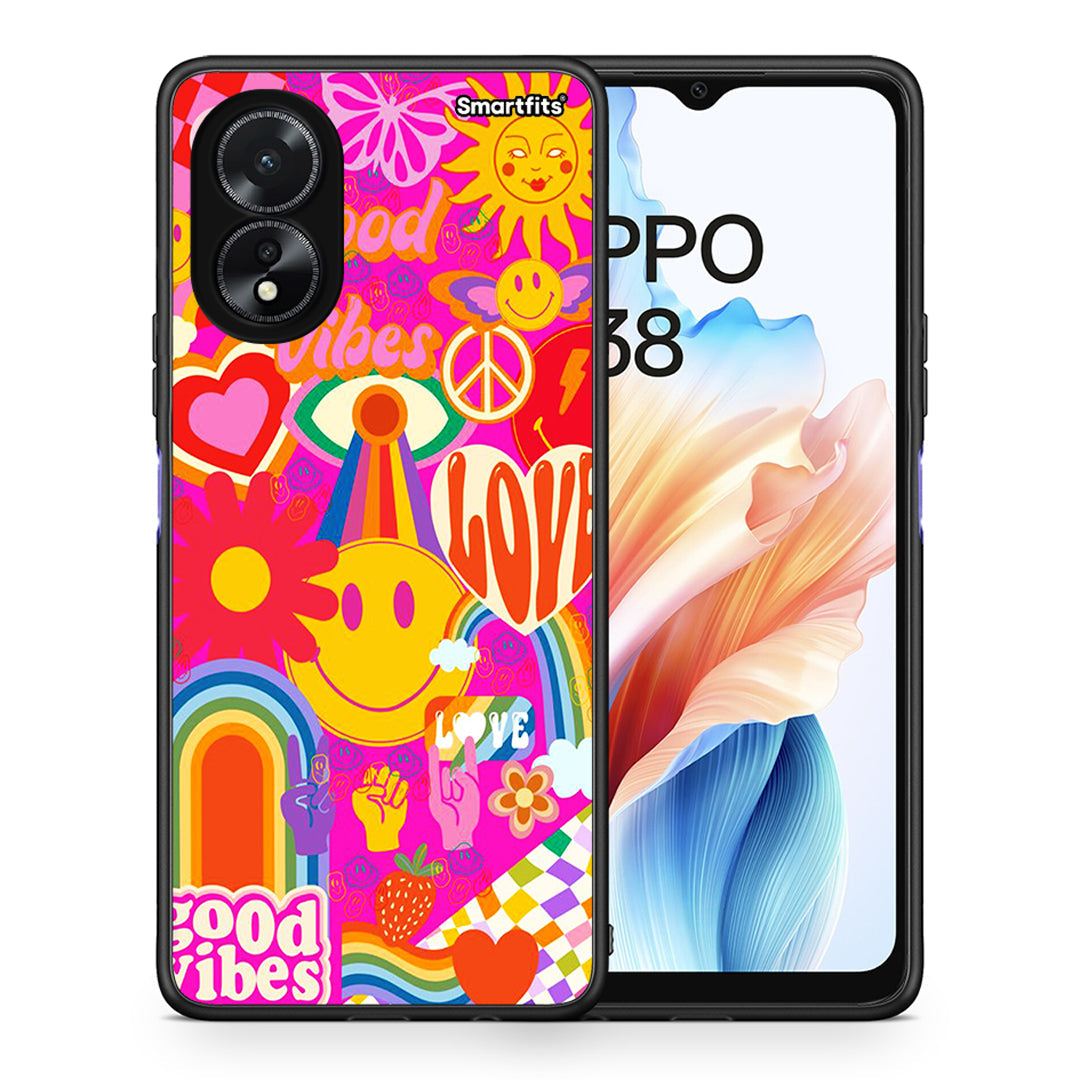 Θήκη Oppo A38 Hippie Love από τη Smartfits με σχέδιο στο πίσω μέρος και μαύρο περίβλημα | Oppo A38 Hippie Love case with colorful back and black bezels