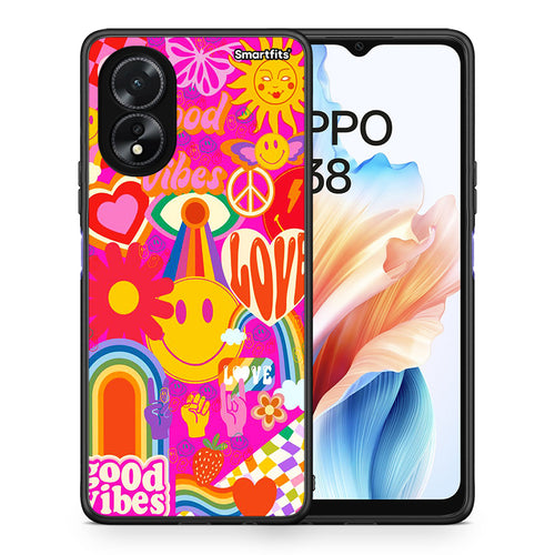 Θήκη Oppo A38 Hippie Love από τη Smartfits με σχέδιο στο πίσω μέρος και μαύρο περίβλημα | Oppo A38 Hippie Love case with colorful back and black bezels