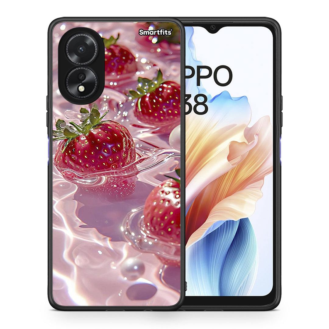 Θήκη Oppo A38 Juicy Strawberries από τη Smartfits με σχέδιο στο πίσω μέρος και μαύρο περίβλημα | Oppo A38 Juicy Strawberries case with colorful back and black bezels
