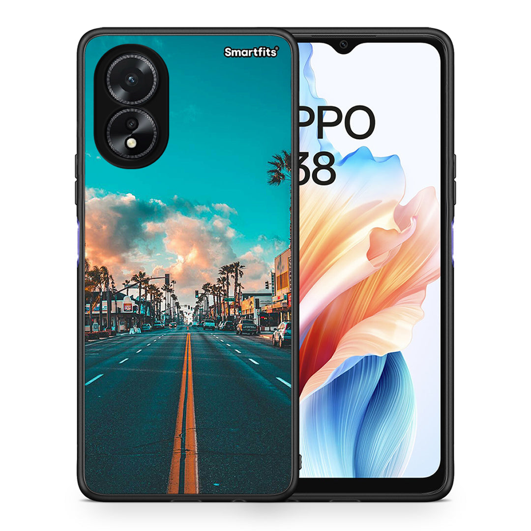 Θήκη Oppo A18 City Landscape από τη Smartfits με σχέδιο στο πίσω μέρος και μαύρο περίβλημα | Oppo A18 City Landscape case with colorful back and black bezels