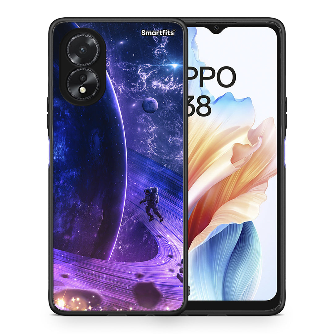 Θήκη Oppo A38 Lost Astronaut από τη Smartfits με σχέδιο στο πίσω μέρος και μαύρο περίβλημα | Oppo A38 Lost Astronaut case with colorful back and black bezels