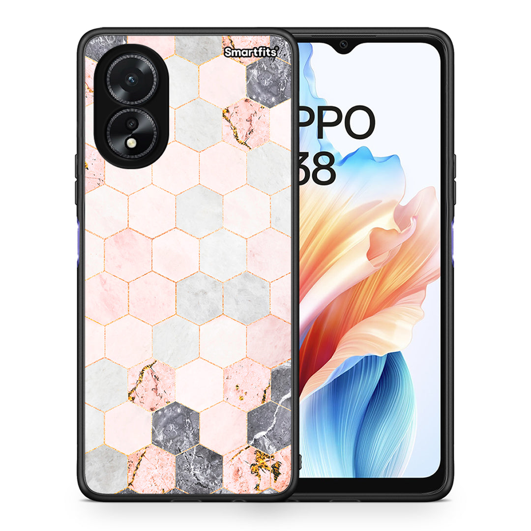 Θήκη Oppo A18 Hexagon Pink Marble από τη Smartfits με σχέδιο στο πίσω μέρος και μαύρο περίβλημα | Oppo A18 Hexagon Pink Marble case with colorful back and black bezels