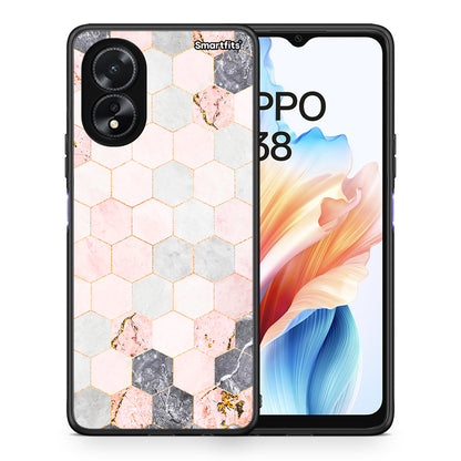 Θήκη Oppo A18 Hexagon Pink Marble από τη Smartfits με σχέδιο στο πίσω μέρος και μαύρο περίβλημα | Oppo A18 Hexagon Pink Marble case with colorful back and black bezels