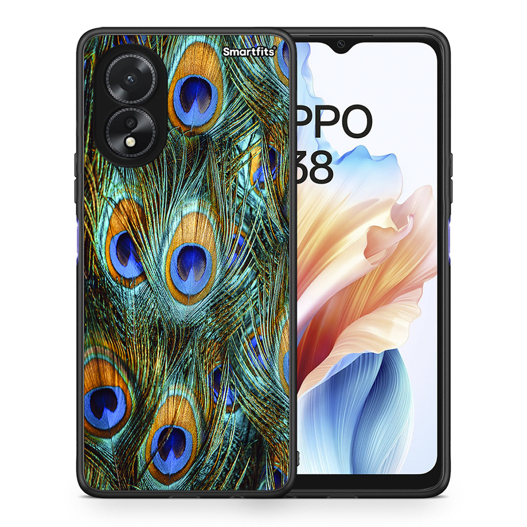 Θήκη Oppo A38 Real Peacock Feathers από τη Smartfits με σχέδιο στο πίσω μέρος και μαύρο περίβλημα | Oppo A38 Real Peacock Feathers case with colorful back and black bezels