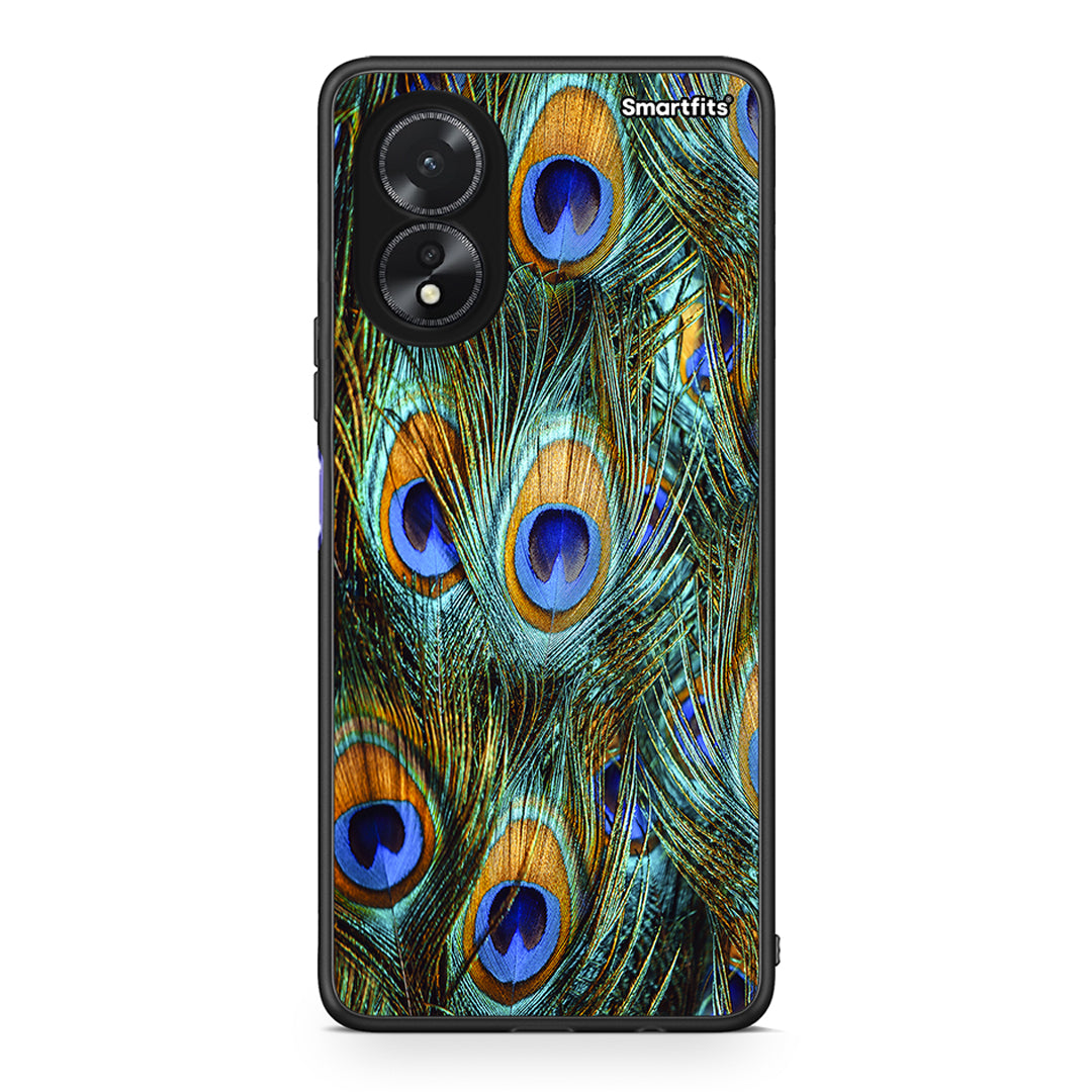 Oppo A18 Real Peacock Feathers θήκη από τη Smartfits με σχέδιο στο πίσω μέρος και μαύρο περίβλημα | Smartphone case with colorful back and black bezels by Smartfits