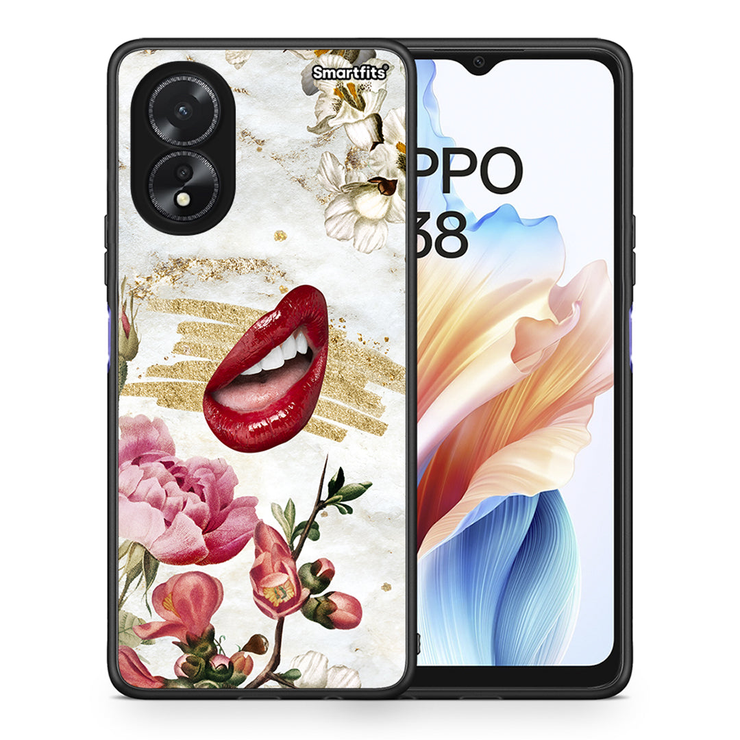 Θήκη Oppo A38 Red Lips από τη Smartfits με σχέδιο στο πίσω μέρος και μαύρο περίβλημα | Oppo A38 Red Lips case with colorful back and black bezels
