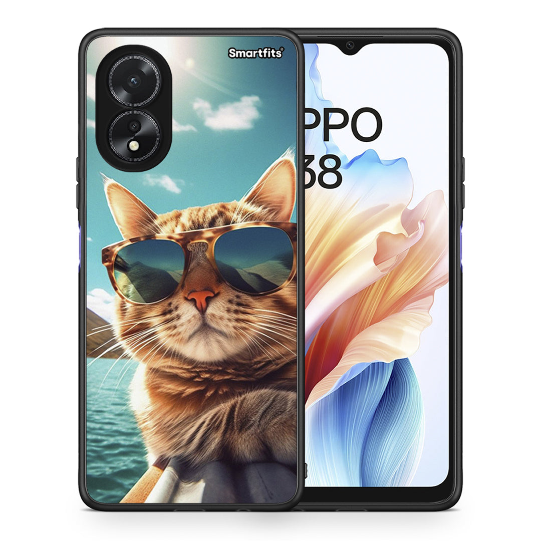 Θήκη Oppo A38 Summer Cat από τη Smartfits με σχέδιο στο πίσω μέρος και μαύρο περίβλημα | Oppo A38 Summer Cat case with colorful back and black bezels