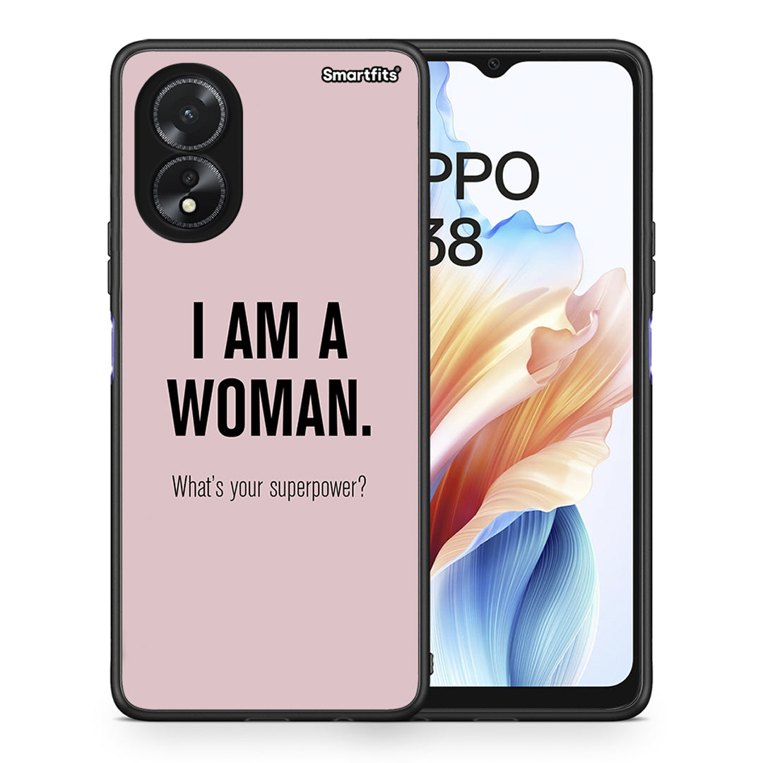 Θήκη Oppo A18 Superpower Woman από τη Smartfits με σχέδιο στο πίσω μέρος και μαύρο περίβλημα | Oppo A18 Superpower Woman case with colorful back and black bezels