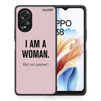 Thumbnail for Θήκη Oppo A18 Superpower Woman από τη Smartfits με σχέδιο στο πίσω μέρος και μαύρο περίβλημα | Oppo A18 Superpower Woman case with colorful back and black bezels