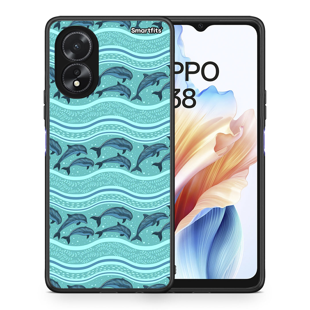 Θήκη Oppo A18 Swimming Dolphins από τη Smartfits με σχέδιο στο πίσω μέρος και μαύρο περίβλημα | Oppo A18 Swimming Dolphins case with colorful back and black bezels