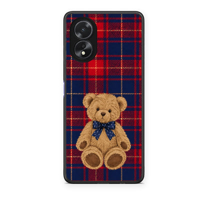 Θήκη Oppo A38 Teddy Bear on Red and Navy Tartan από τη Smartfits με σχέδιο στο πίσω μέρος και μαύρο περίβλημα | Oppo A38 Teddy Bear on Red and Navy Tartan case with colorful back and black bezels