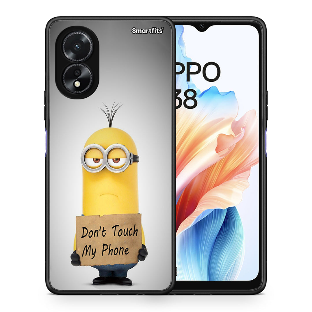 Θήκη Oppo A38 Minion Text από τη Smartfits με σχέδιο στο πίσω μέρος και μαύρο περίβλημα | Oppo A38 Minion Text case with colorful back and black bezels