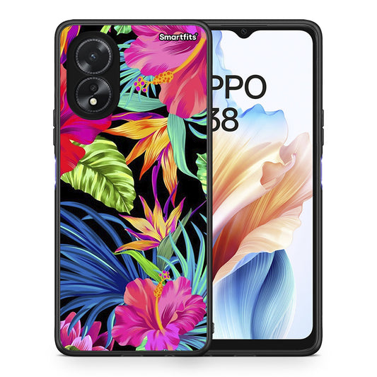 Θήκη Oppo A18 Tropical Flowers από τη Smartfits με σχέδιο στο πίσω μέρος και μαύρο περίβλημα | Oppo A18 Tropical Flowers case with colorful back and black bezels