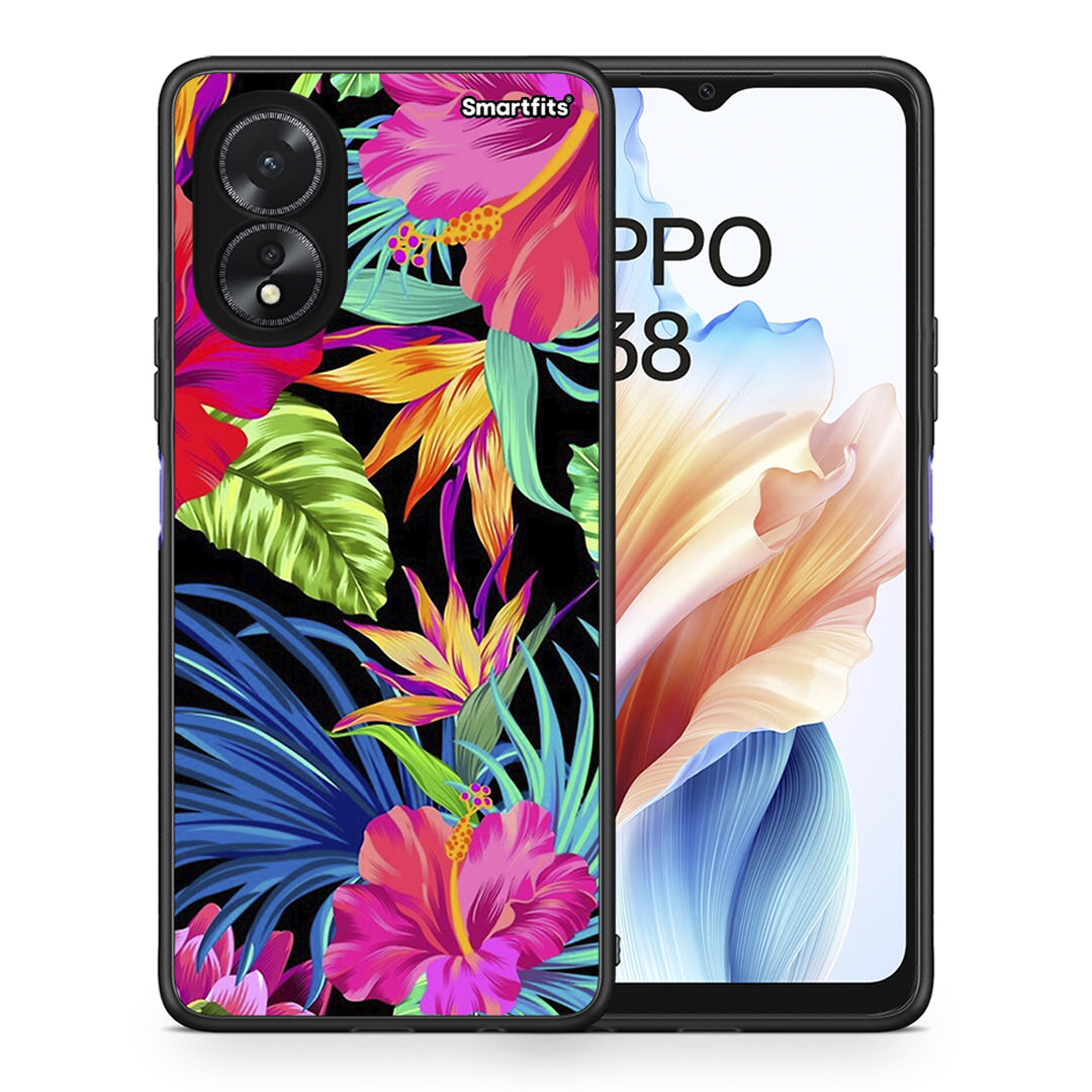 Θήκη Oppo A18 Tropical Flowers από τη Smartfits με σχέδιο στο πίσω μέρος και μαύρο περίβλημα | Oppo A18 Tropical Flowers case with colorful back and black bezels