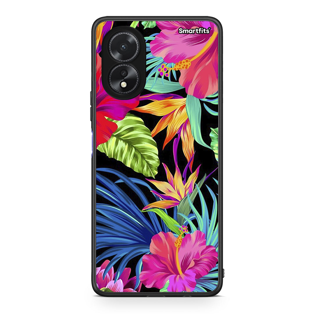 Oppo A38 Tropical Flowers θήκη από τη Smartfits με σχέδιο στο πίσω μέρος και μαύρο περίβλημα | Smartphone case with colorful back and black bezels by Smartfits