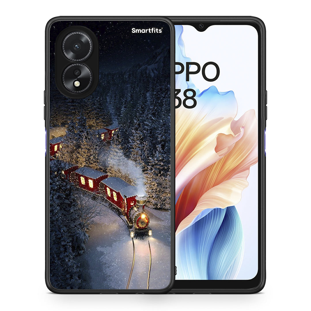 Θήκη Oppo A18 Xmas Train από τη Smartfits με σχέδιο στο πίσω μέρος και μαύρο περίβλημα | Oppo A18 Xmas Train case with colorful back and black bezels