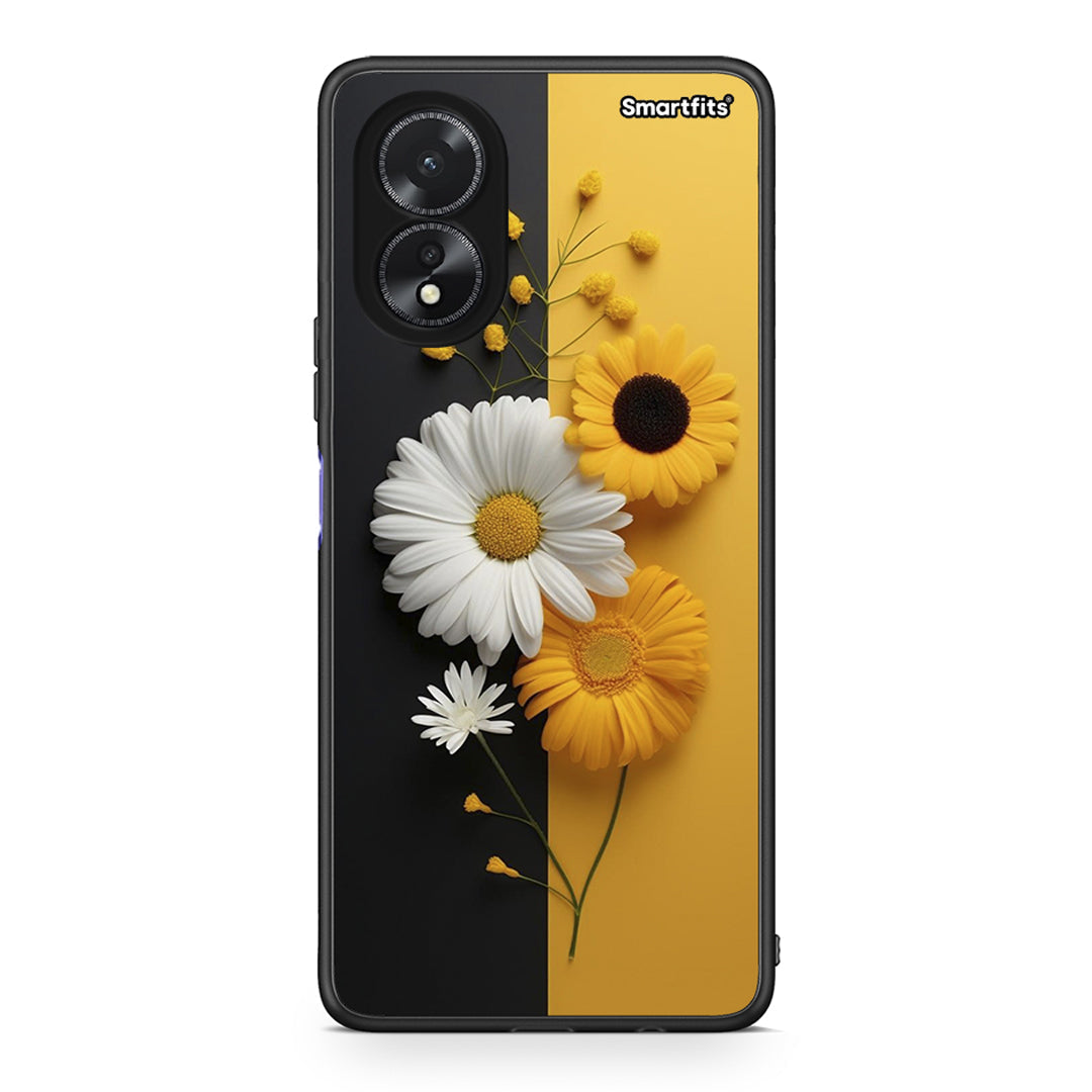 Oppo A18 Yellow Daisies θήκη από τη Smartfits με σχέδιο στο πίσω μέρος και μαύρο περίβλημα | Smartphone case with colorful back and black bezels by Smartfits