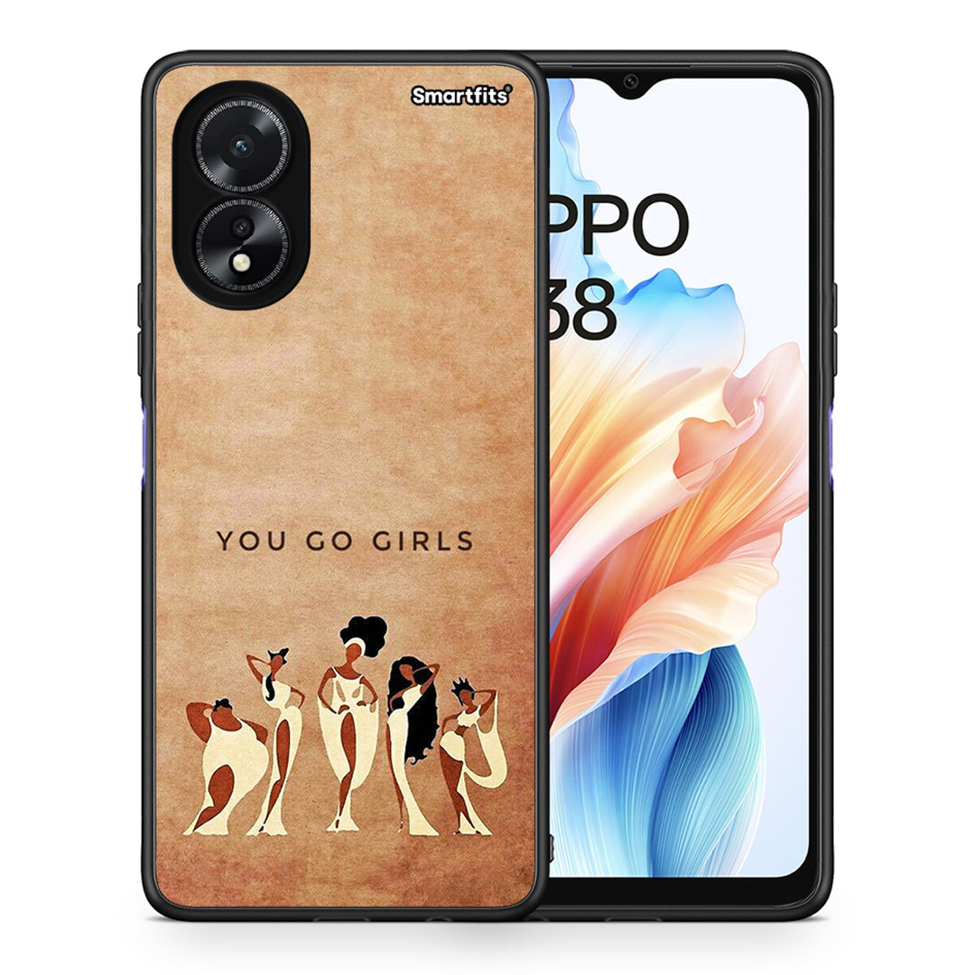 Θήκη Oppo A18 You Go Girl από τη Smartfits με σχέδιο στο πίσω μέρος και μαύρο περίβλημα | Oppo A18 You Go Girl case with colorful back and black bezels