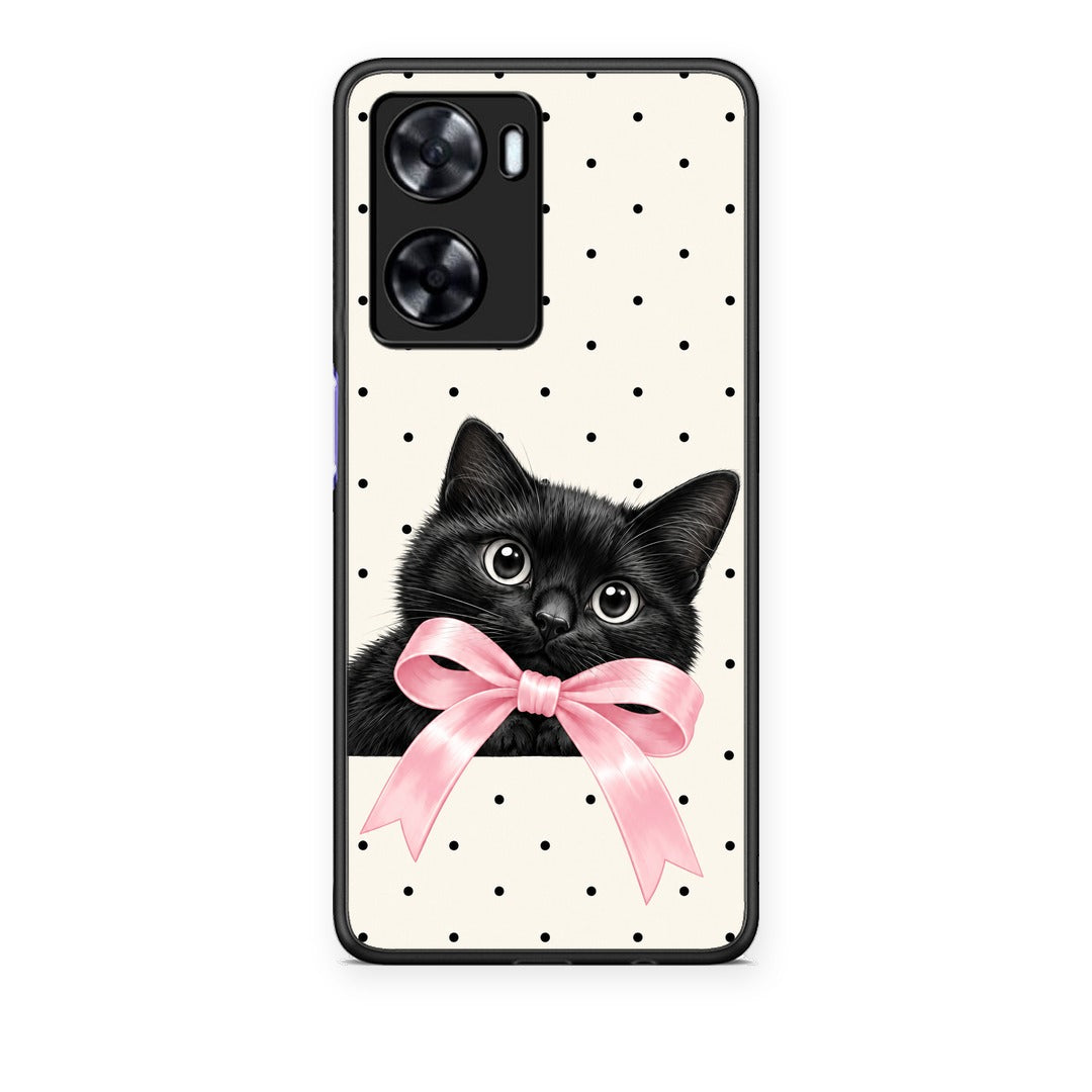 Θήκη OnePlus Nord N20 SE Black Kitten Pink Bow and Polka Dots από τη Smartfits με σχέδιο στο πίσω μέρος και μαύρο περίβλημα | OnePlus Nord N20 SE Black Kitten Pink Bow and Polka Dots case with colorful back and black bezels
