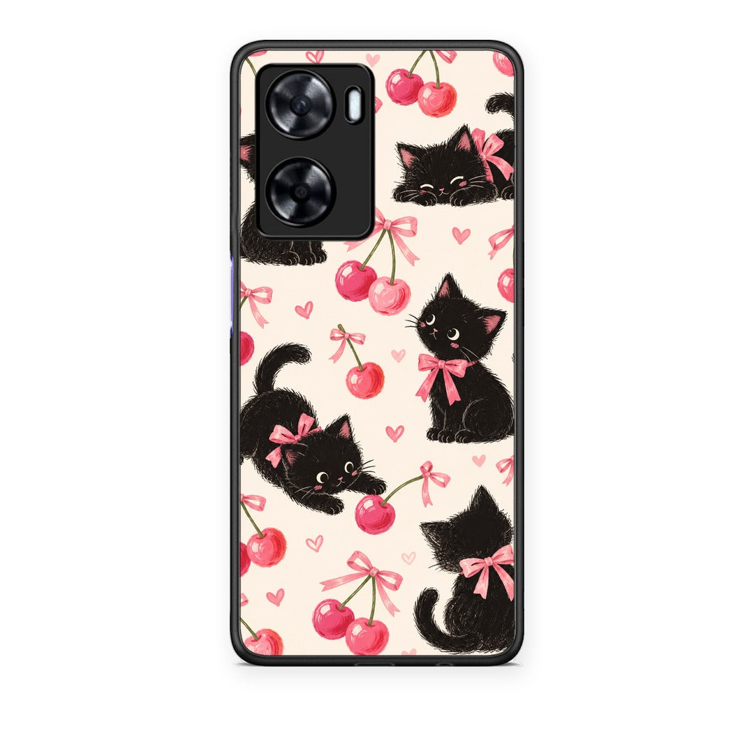 Θήκη Oppo A57s / A77s / A77 Black Kittens and Cherries on Cream από τη Smartfits με σχέδιο στο πίσω μέρος και μαύρο περίβλημα | Oppo A57s / A77s / A77 Black Kittens and Cherries on Cream case with colorful back and black bezels