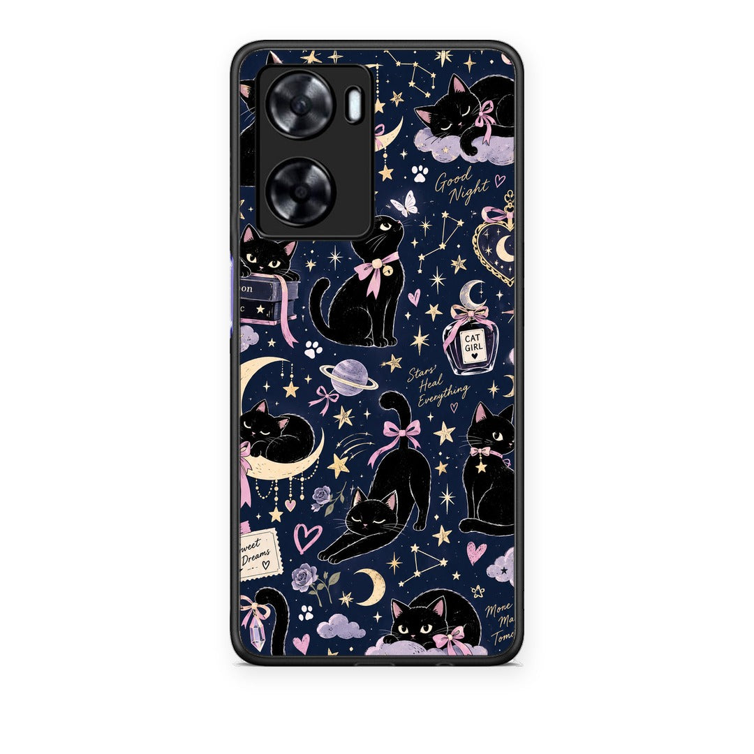 Θήκη Oppo A57s / A77s / A77 Celestial Black Cats on Navy από τη Smartfits με σχέδιο στο πίσω μέρος και μαύρο περίβλημα | Oppo A57s / A77s / A77 Celestial Black Cats on Navy case with colorful back and black bezels
