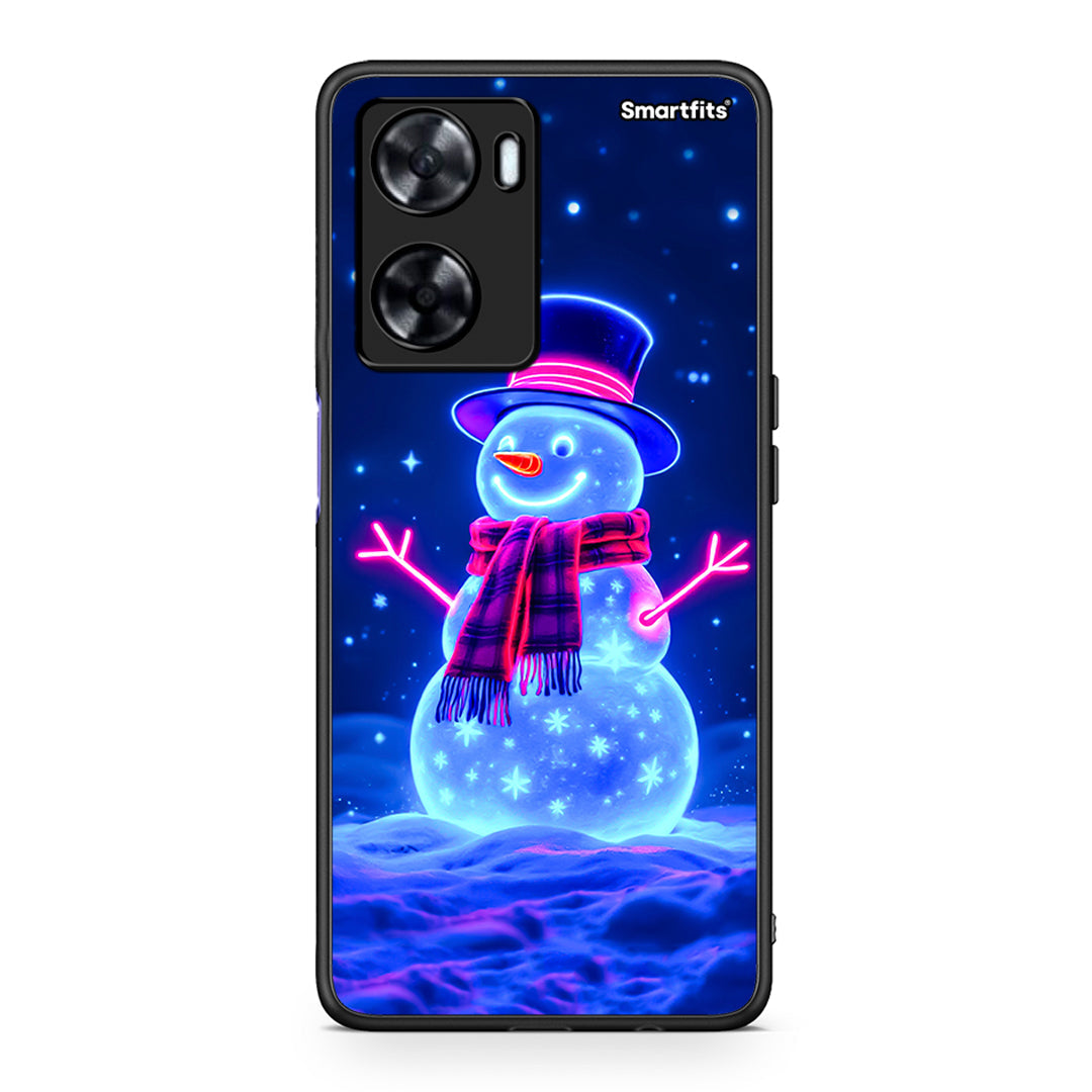 Oppo A57s / A77s / A58 / OnePlus Nord N20 SE Christmas Neon Snowman θήκη από τη Smartfits με σχέδιο στο πίσω μέρος και μαύρο περίβλημα | Smartphone case with colorful back and black bezels by Smartfits
