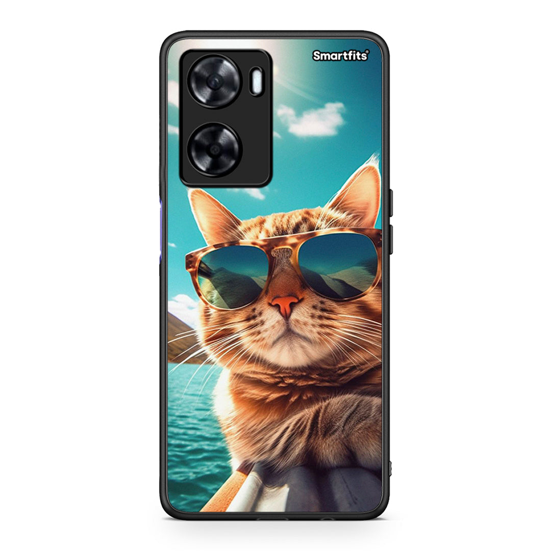 Oppo A57s / A77s / A77 Summer Cat θήκη από τη Smartfits με σχέδιο στο πίσω μέρος και μαύρο περίβλημα | Smartphone case with colorful back and black bezels by Smartfits