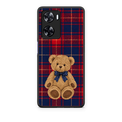 Θήκη OnePlus Nord N20 SE Teddy Bear on Red and Navy Tartan από τη Smartfits με σχέδιο στο πίσω μέρος και μαύρο περίβλημα | OnePlus Nord N20 SE Teddy Bear on Red and Navy Tartan case with colorful back and black bezels
