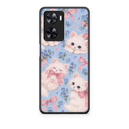 Θήκη OnePlus Nord N20 SE White Kittens and Blue Flowers Large από τη Smartfits με σχέδιο στο πίσω μέρος και μαύρο περίβλημα | OnePlus Nord N20 SE White Kittens and Blue Flowers Large case with colorful back and black bezels