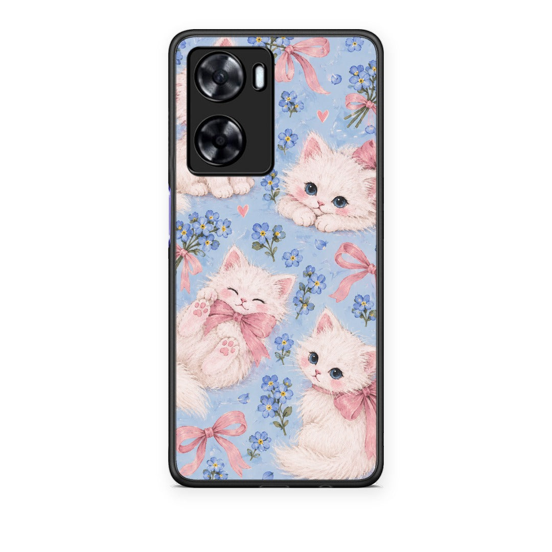 Θήκη Oppo A57s / A77s / A77 White Kittens and Blue Flowers Large από τη Smartfits με σχέδιο στο πίσω μέρος και μαύρο περίβλημα | Oppo A57s / A77s / A77 White Kittens and Blue Flowers Large case with colorful back and black bezels