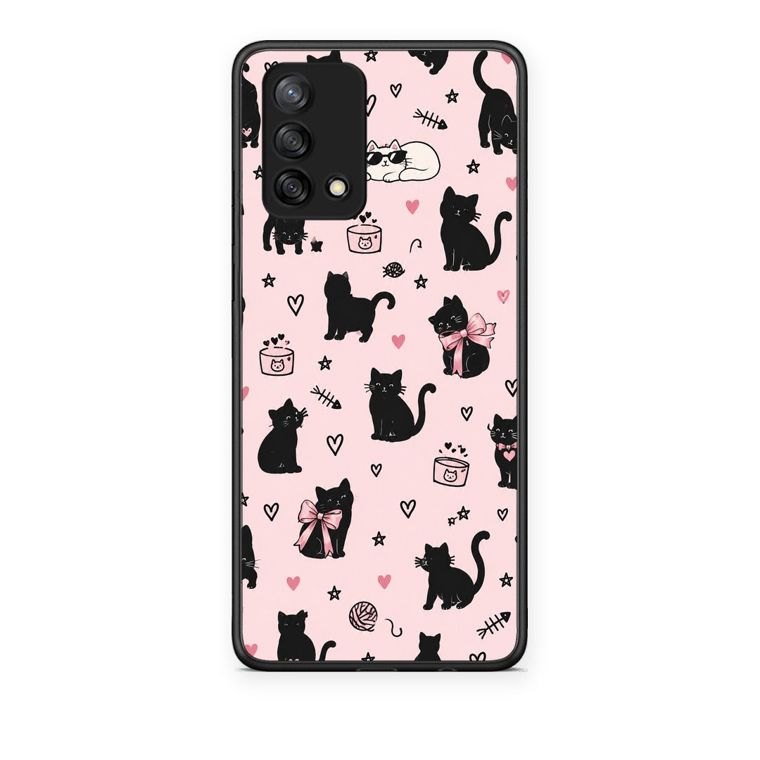Θήκη Oppo A74 4G Black Cat Doodles on Pink από τη Smartfits με σχέδιο στο πίσω μέρος και μαύρο περίβλημα | Oppo A74 4G Black Cat Doodles on Pink case with colorful back and black bezels