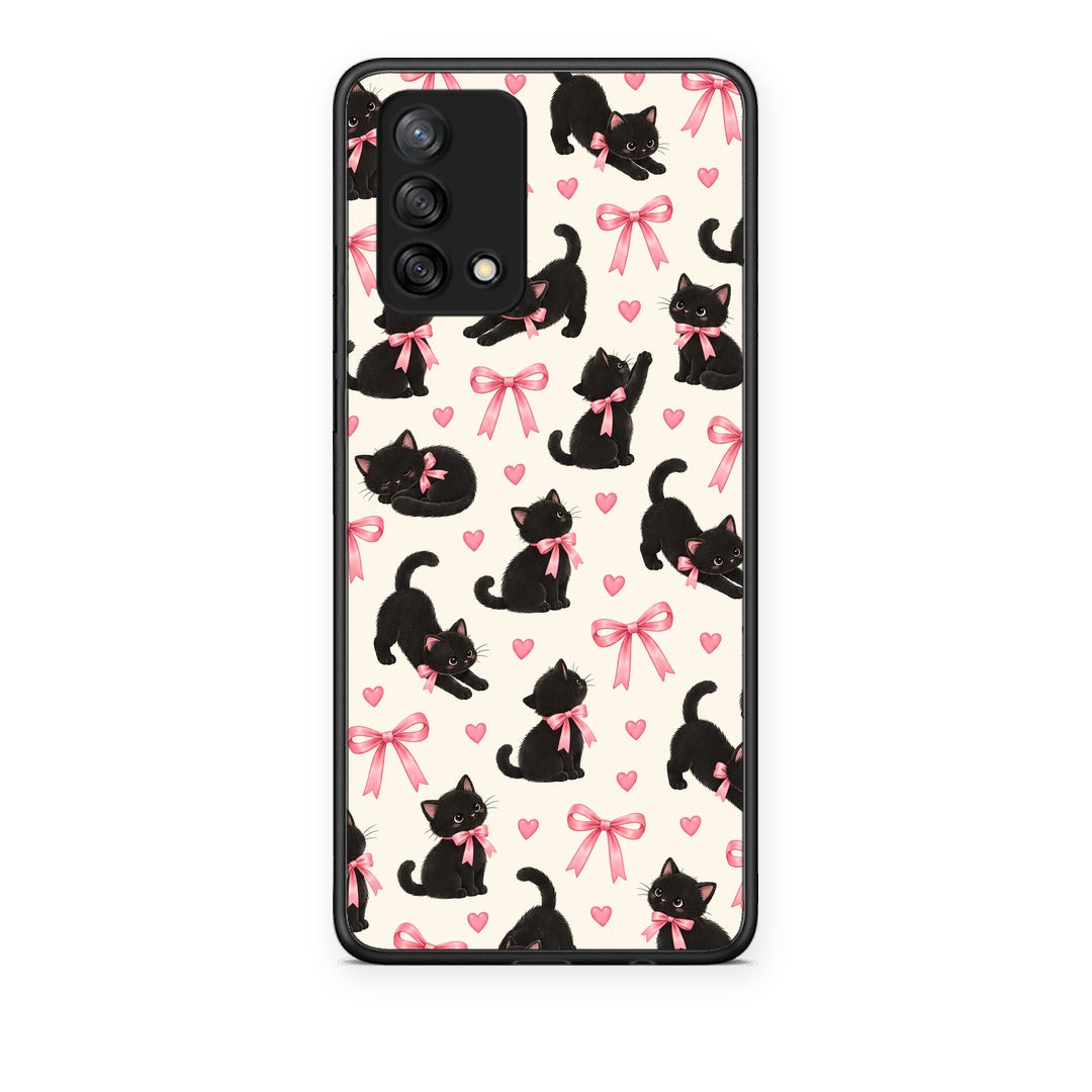 Θήκη Oppo A74 4G Black Kittens and Pink Bows on Cream Small από τη Smartfits με σχέδιο στο πίσω μέρος και μαύρο περίβλημα | Oppo A74 4G Black Kittens and Pink Bows on Cream Small case with colorful back and black bezels