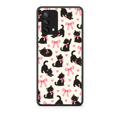 Θήκη Oppo A74 4G Black Kittens and Pink Bows on Cream Small από τη Smartfits με σχέδιο στο πίσω μέρος και μαύρο περίβλημα | Oppo A74 4G Black Kittens and Pink Bows on Cream Small case with colorful back and black bezels